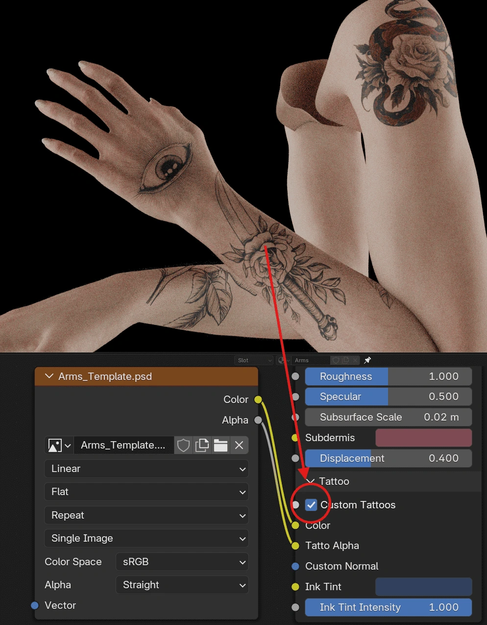 Tattoos visible on model in Blender