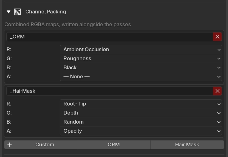 Channel Packing: the ORM and Hair Mask presets packing single-channel maps into combined RGBA textures, with per-channel R/G/B/A source pickers