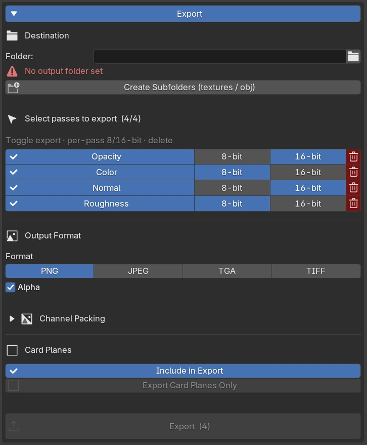 Export section: per-pass selection with 8-bit and 16-bit buttons, output format and OBJ card planes