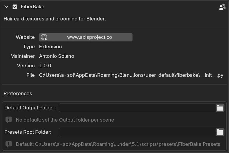 FiberBake addon preferences screenshot