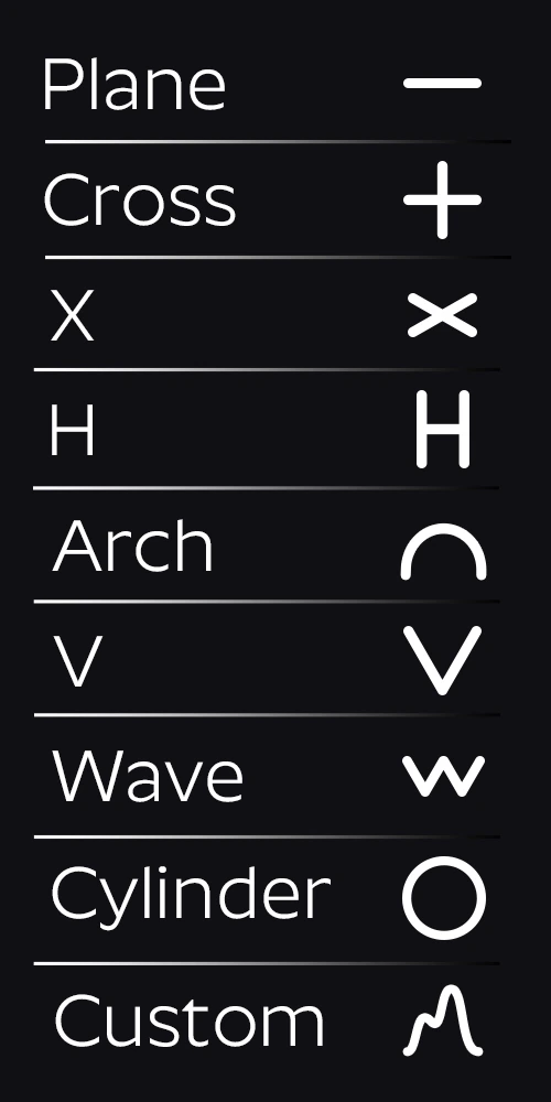 The nine card cross-sections drawn head on: Plane, Cross, X, H, Arch, V, Wave, Cylinder and Custom
