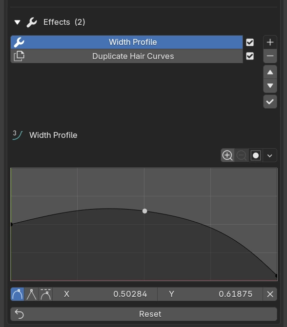 Per-layer effect stack with the add menu, reorder controls and an effect's settings