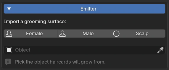 Emitter section with Female, Male and Scalp grooming-surface import buttons