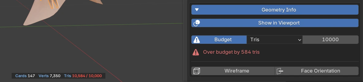 Geometry Info: the live Cards, Verts and Tris HUD at the bottom of the viewport, with the budget config and overlay toggles in the panel
