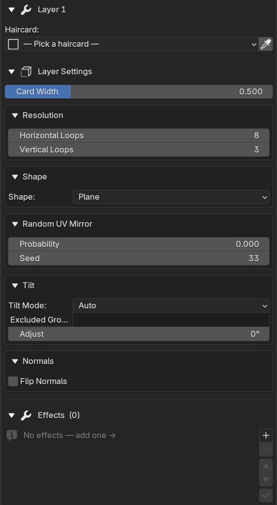 Layer Settings panel: Haircard picker, Card Width, and the Resolution, Shape, Random UV Mirror, Tilt and Normals panels
