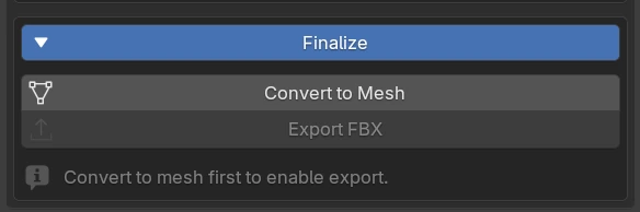 Finalize section with Convert to Mesh and Export FBX