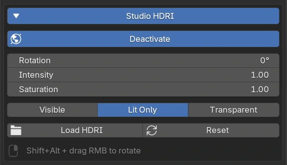Studio HDRI section: Activate, Rotation, Intensity and Saturation, the Background mode buttons and Load HDRI / Reset