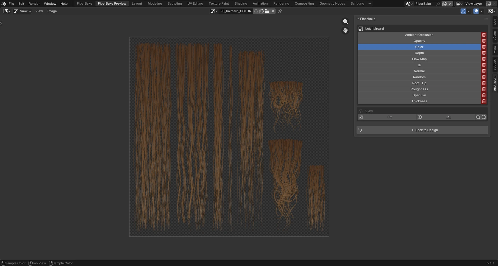 FiberBake Preview workspace: the Image Editor with the per-pass list, lot switcher, Back to Design and the View zoom controls