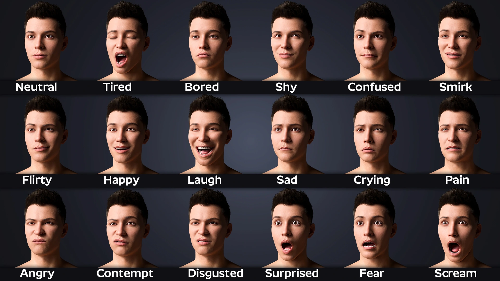 Adrián facial expression range – shape key driven face rig Blender