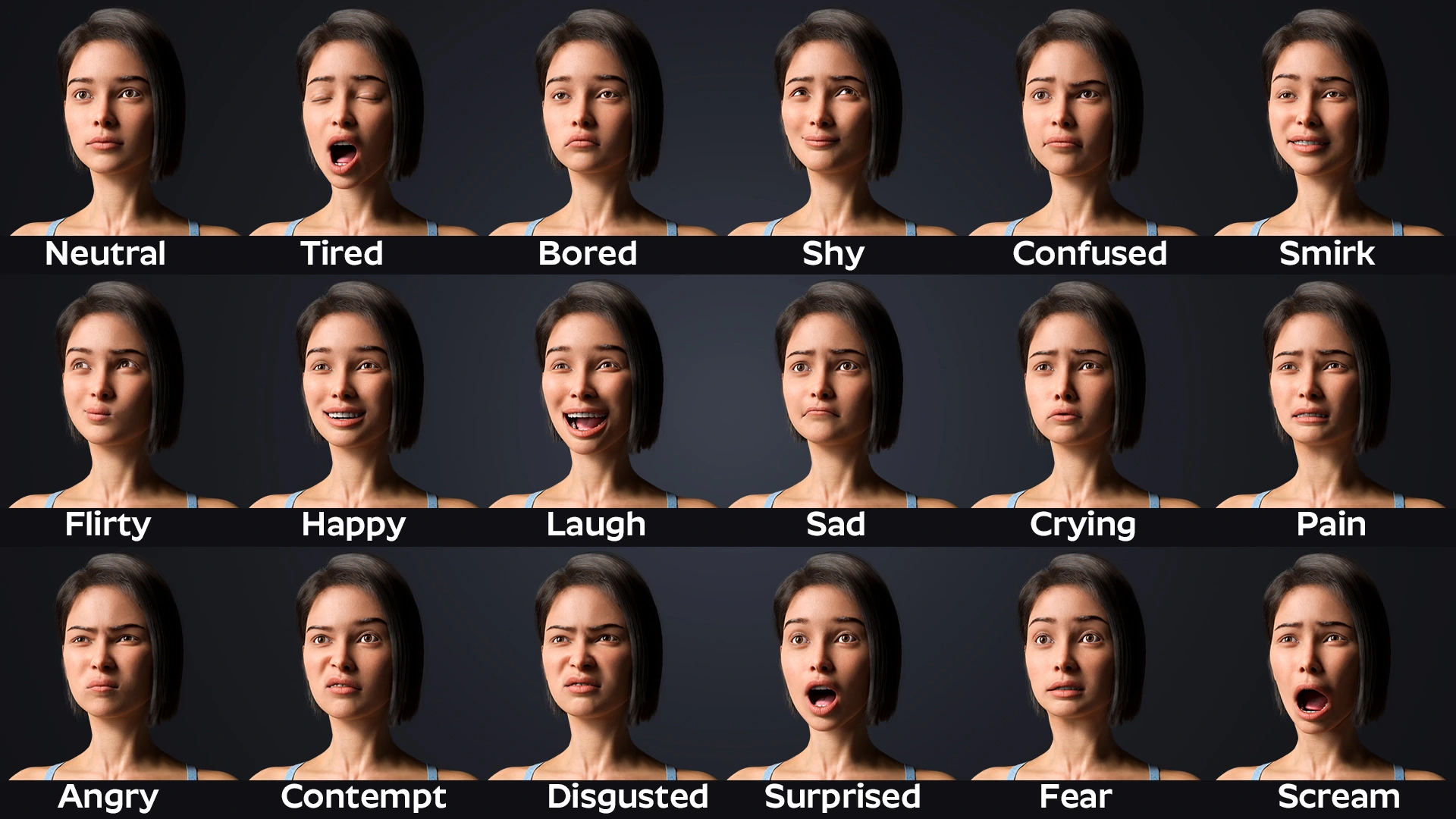 Natalia facial expression range – shape key face rig Blender