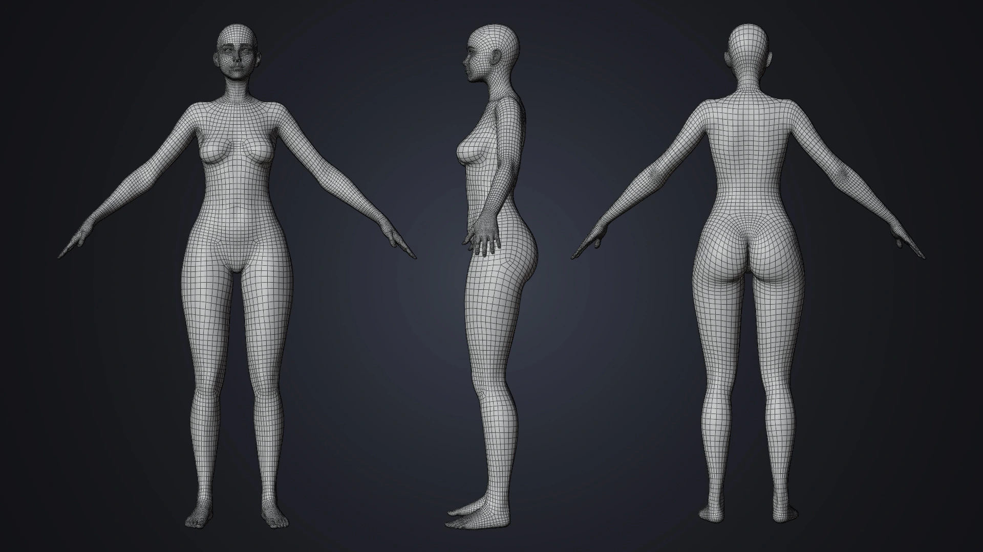Natalia RT wireframe – optimized topology female character real-time Blender