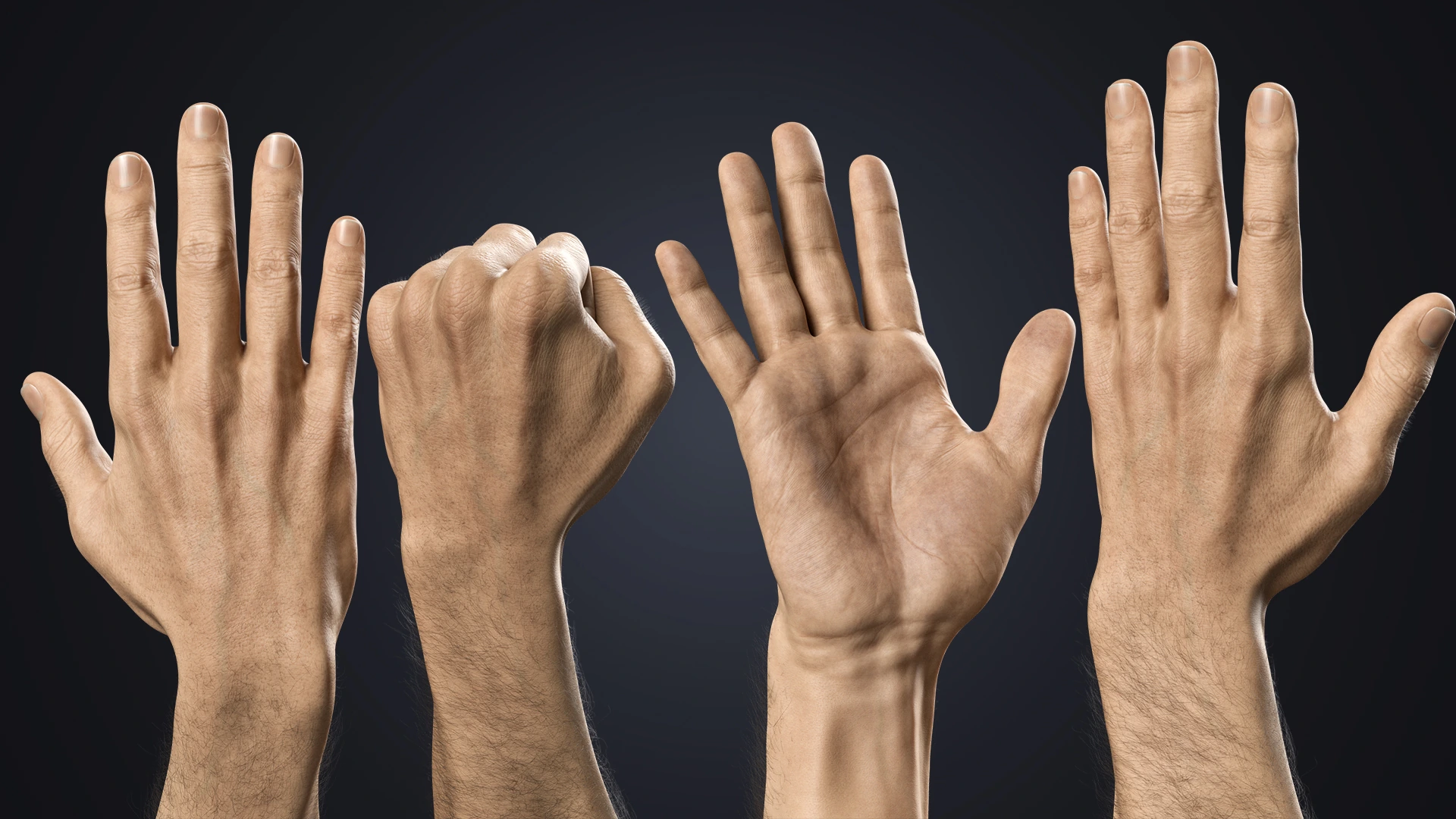 V-ARM 01 palm open and fist pose – male hand rig IK FK controls