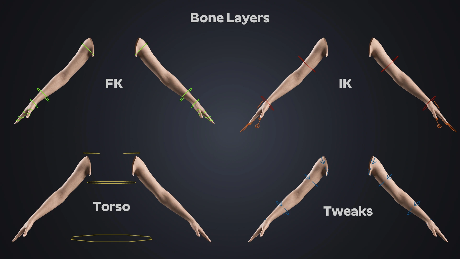 V-ARM 02 bone layer structure – female arm rig IK FK Blender