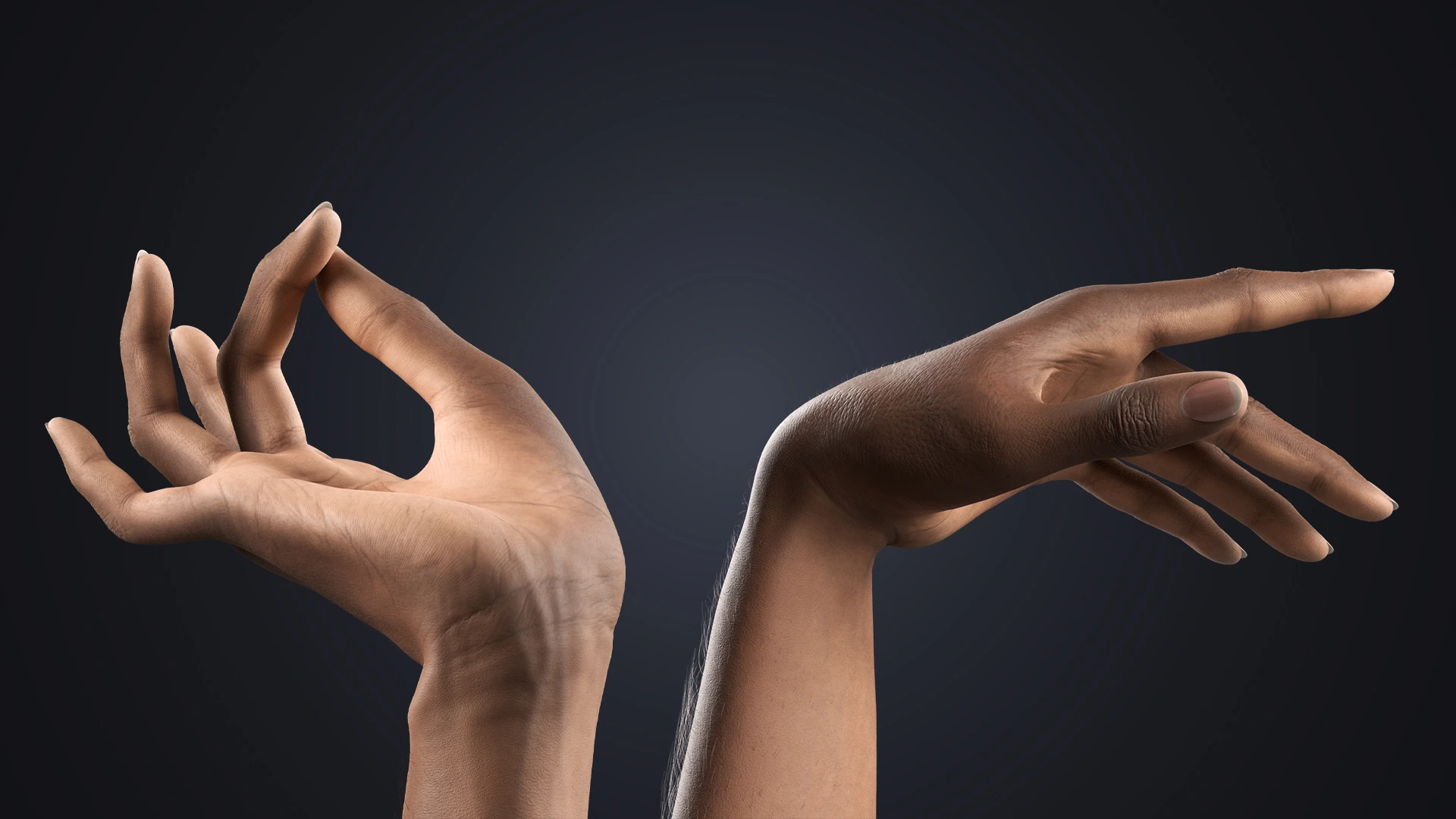 V-ARM 03 cinematic render – hyper-realistic female hand rig dark skin tone Blender
