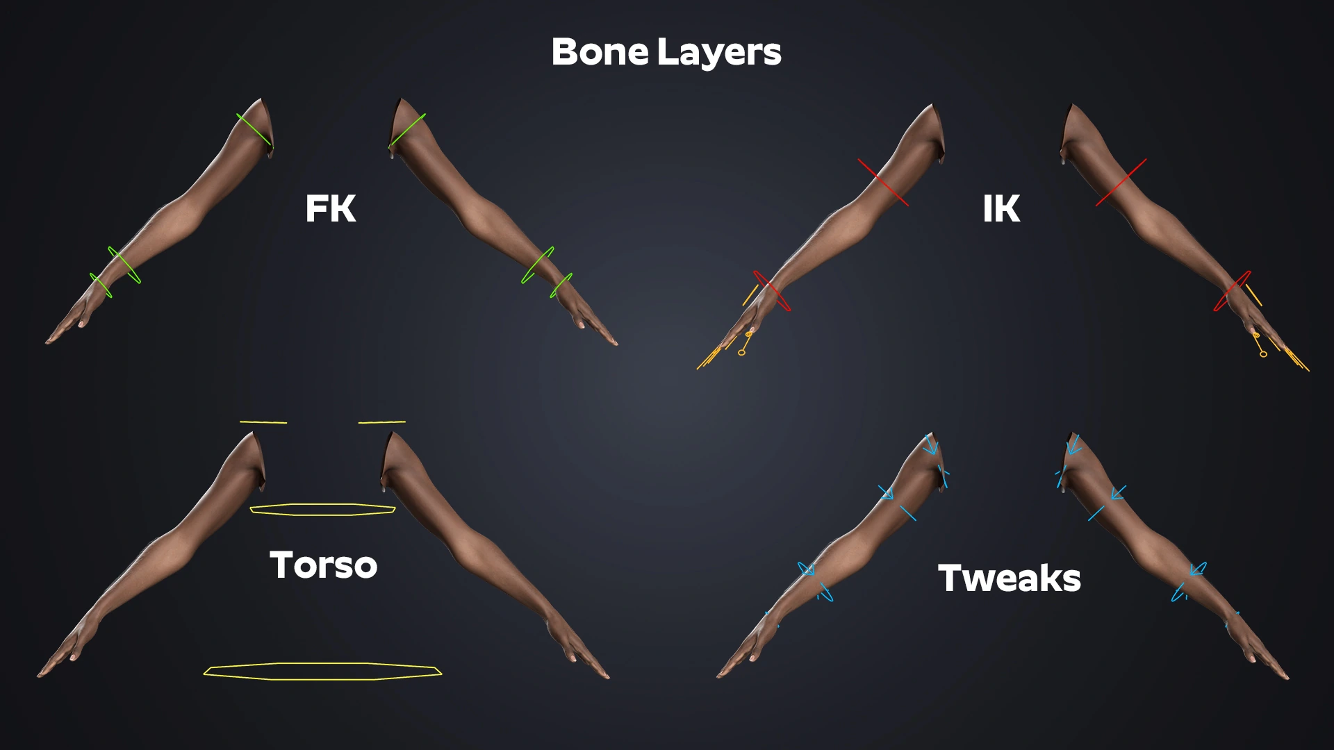 V-ARM 03 bone layer rig structure – female arm IK FK Blender