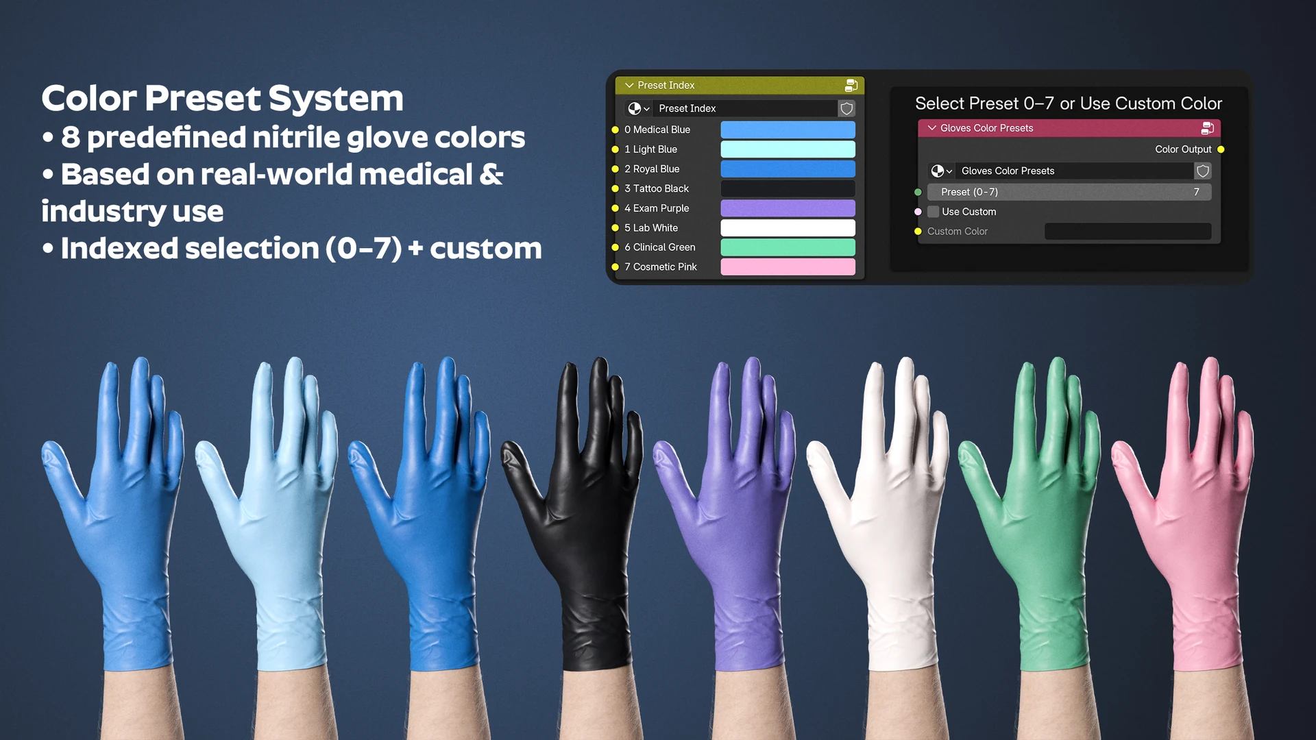 V-ARM 04 nitrile glove color presets, eight built-in colors plus custom input